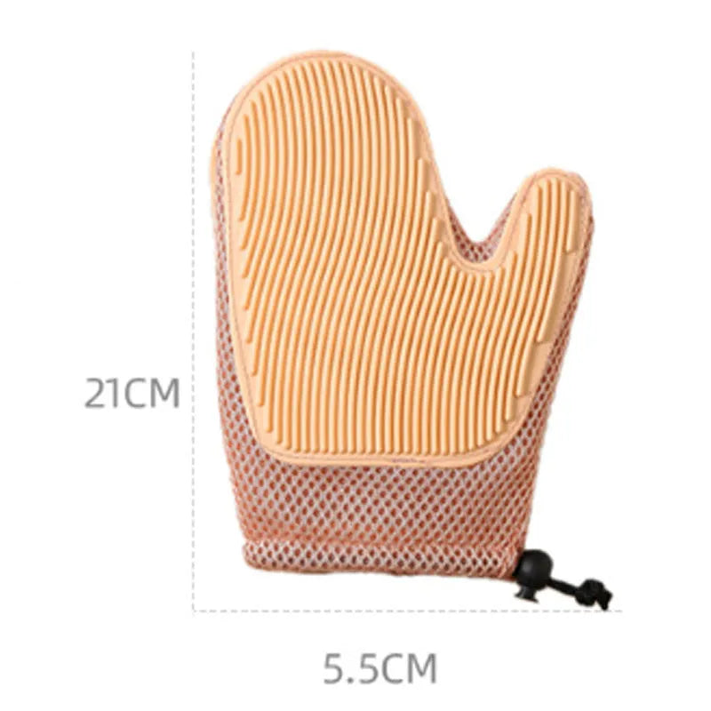 Dark blue pet grooming and hair removal glove made of mesh and TPR for cats and dogs.