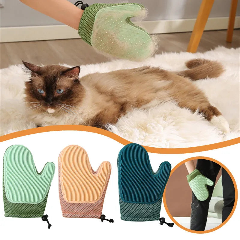 Dark blue pet grooming and hair removal glove made of mesh and TPR for cats and dogs.