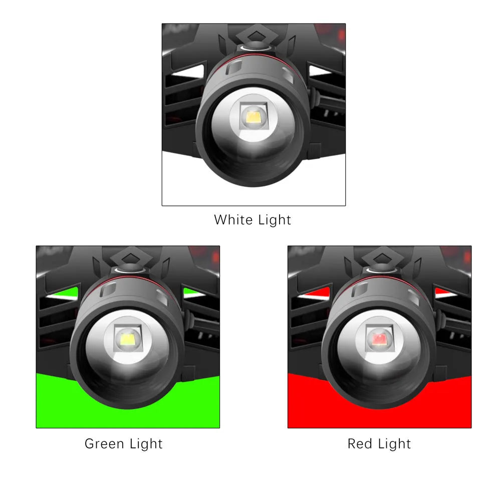 Rechargeable T6 LED zoom headlamp showing white, red, and green light modes on a head strap.