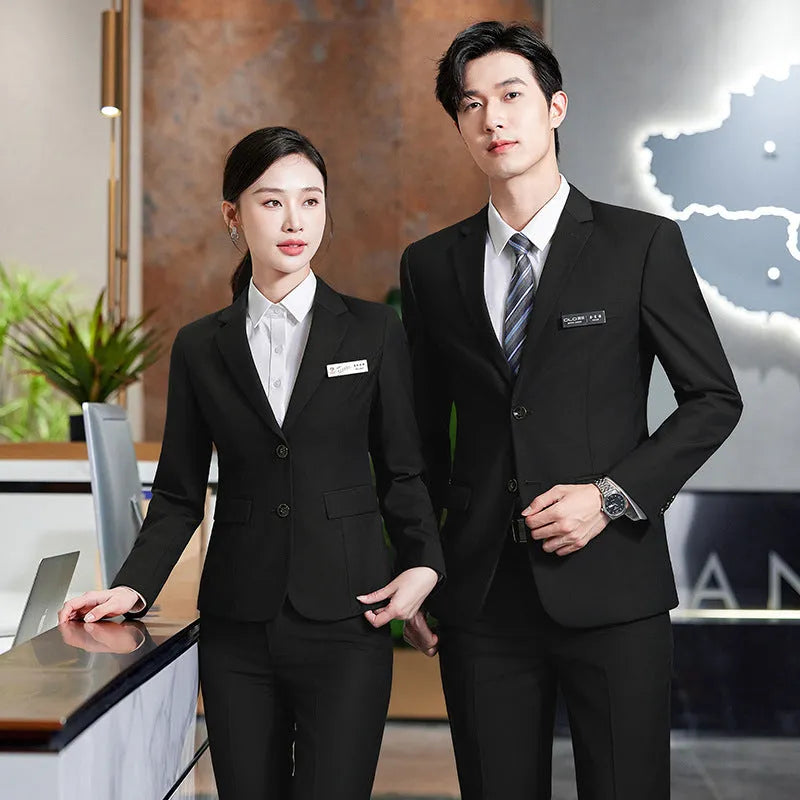 Unisex polyester work suit set with long sleeve jacket and trousers in black, front view