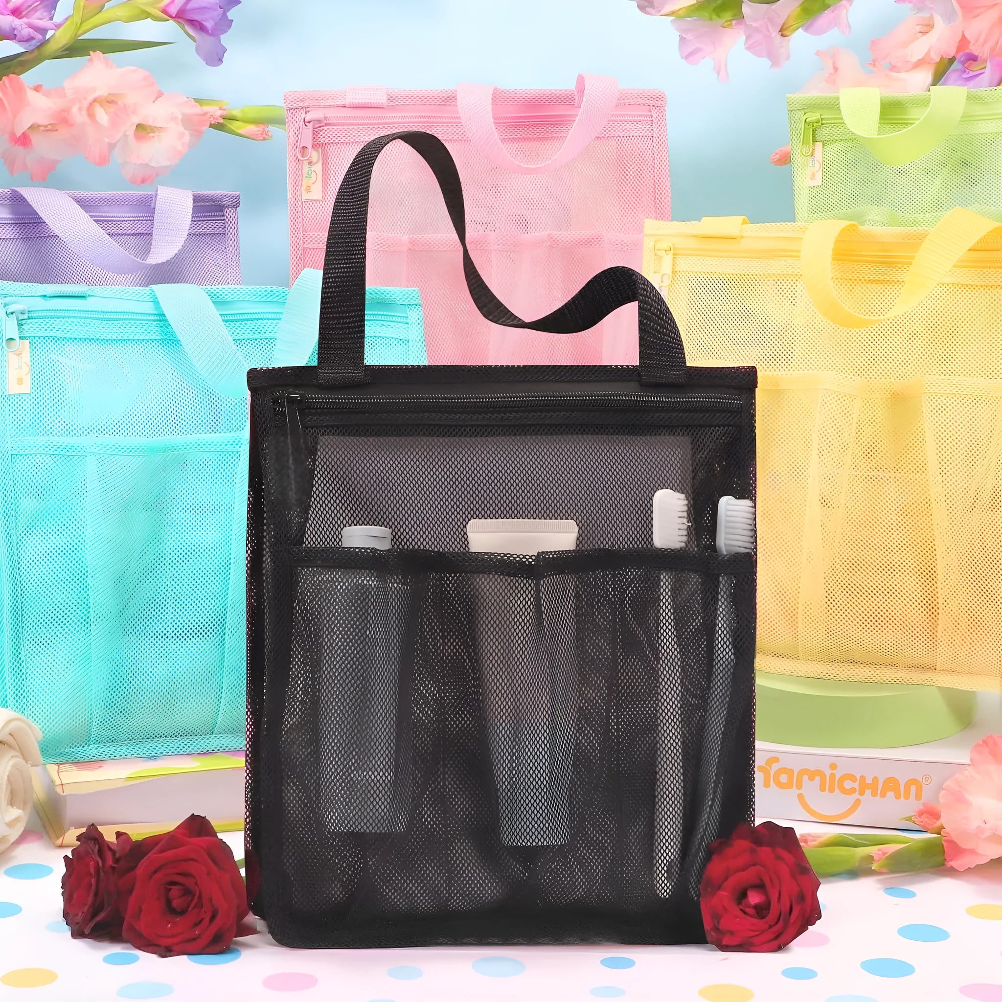 Large black swimming gym bag with dry wet separation compartments and mesh beach pocket