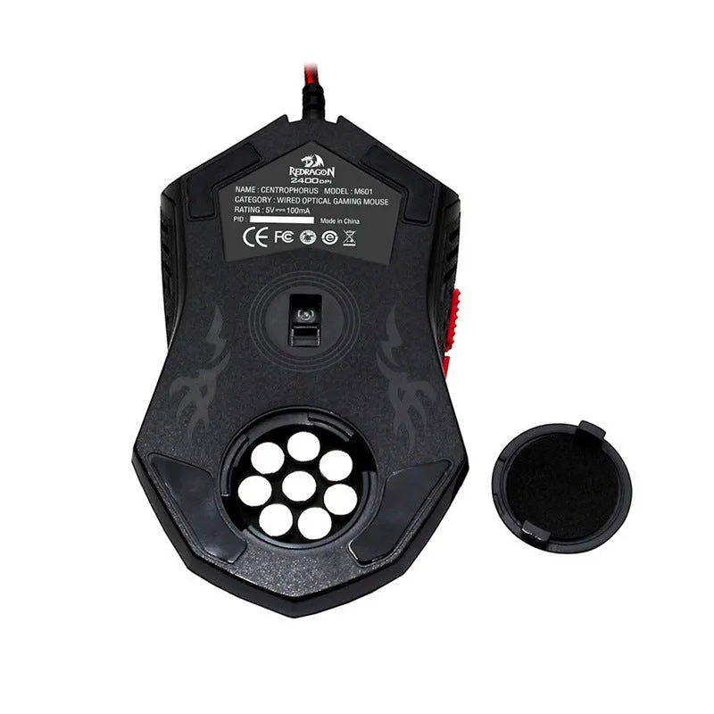 Black and red USB wired optical computer mouse on a desktop