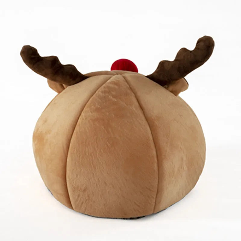 Christmas reindeer pet tent in camel colour, small size, with soft plush exterior and fleece lining