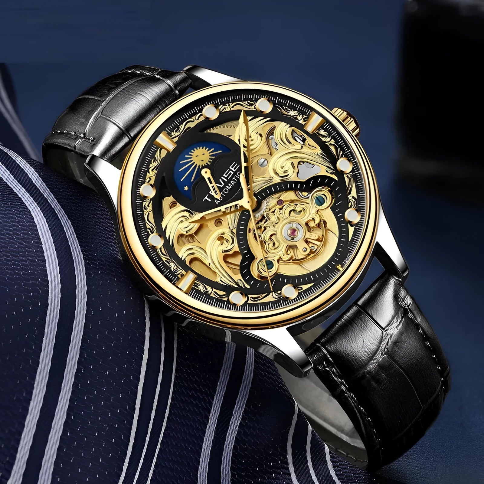Men's gold leather strap mechanical watch with automatic movement and waterproof construction