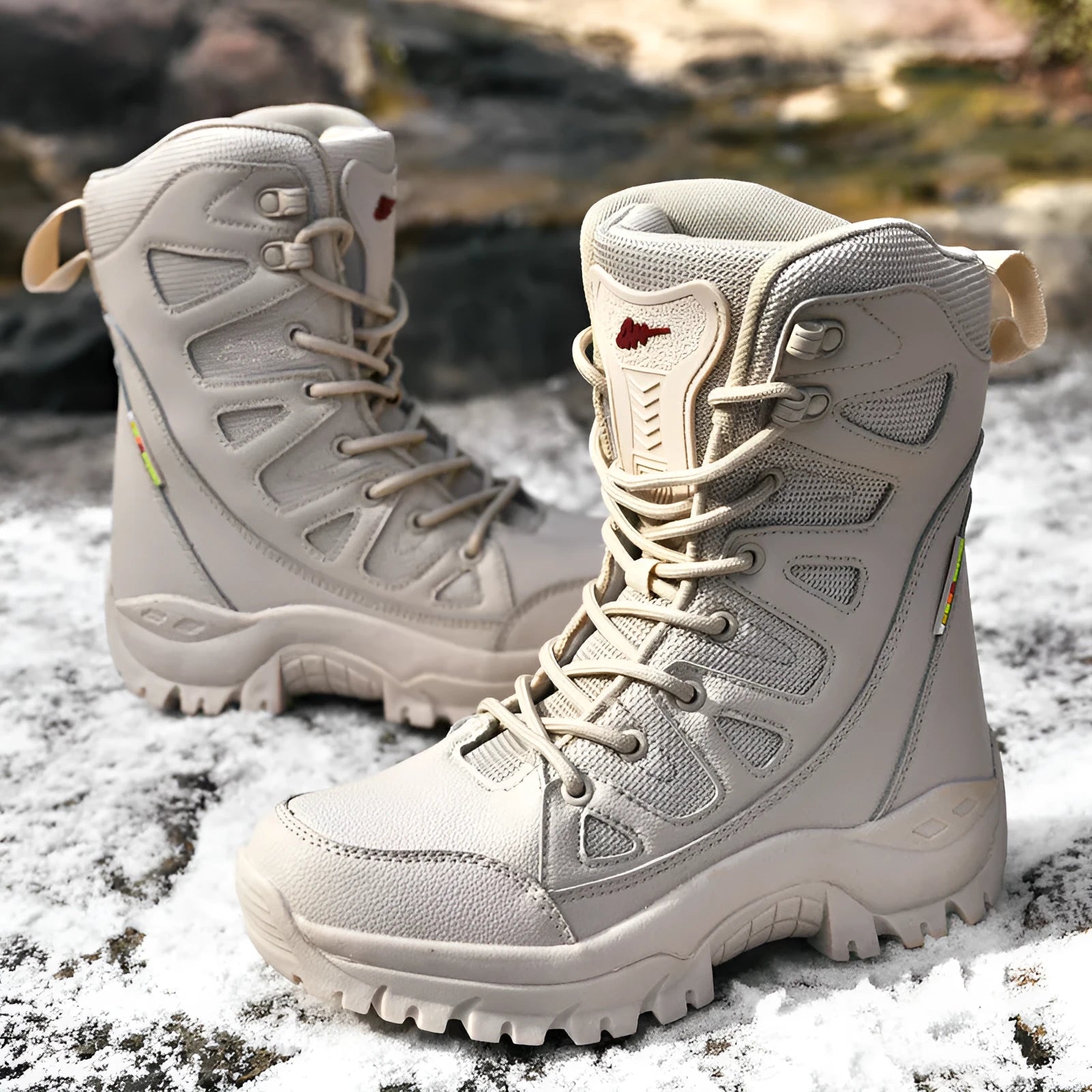 Men's beige cowhide hi-top hiking shoes with a platform sole on a rocky outdoor background.