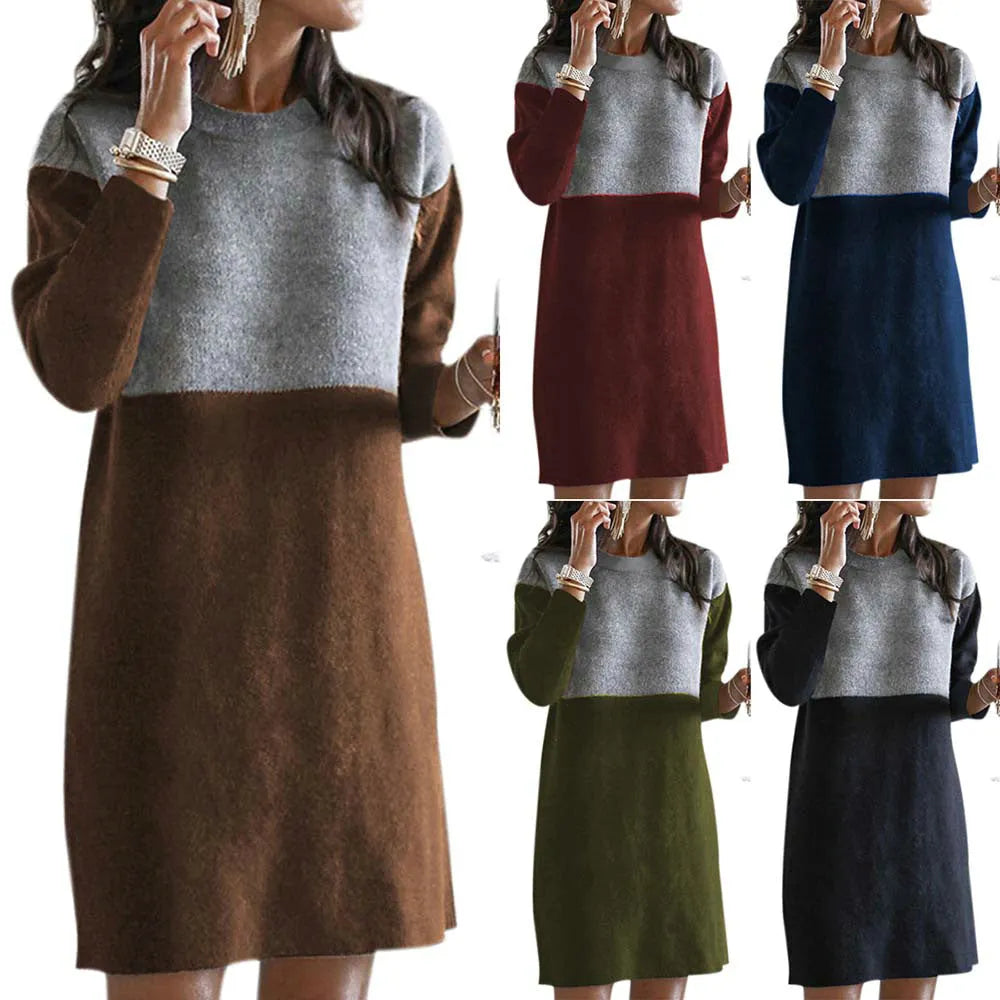 Brown women's loose long sleeve patchwork skirt dress with round neck and retro collage detailing.