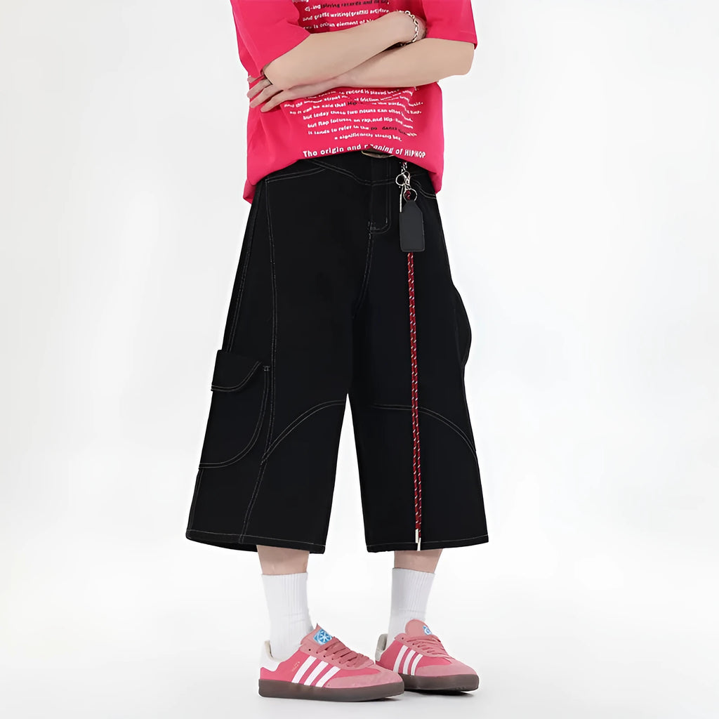 Retro wide leg denim shorts with multiple pockets, shown in red and black colour options.