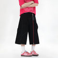 Retro wide leg denim shorts with multiple pockets, shown in red and black colour options.