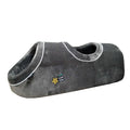 Double-hole flannel cat nest in grey with love heart pattern, 80x30x26cm, side view showing two openings