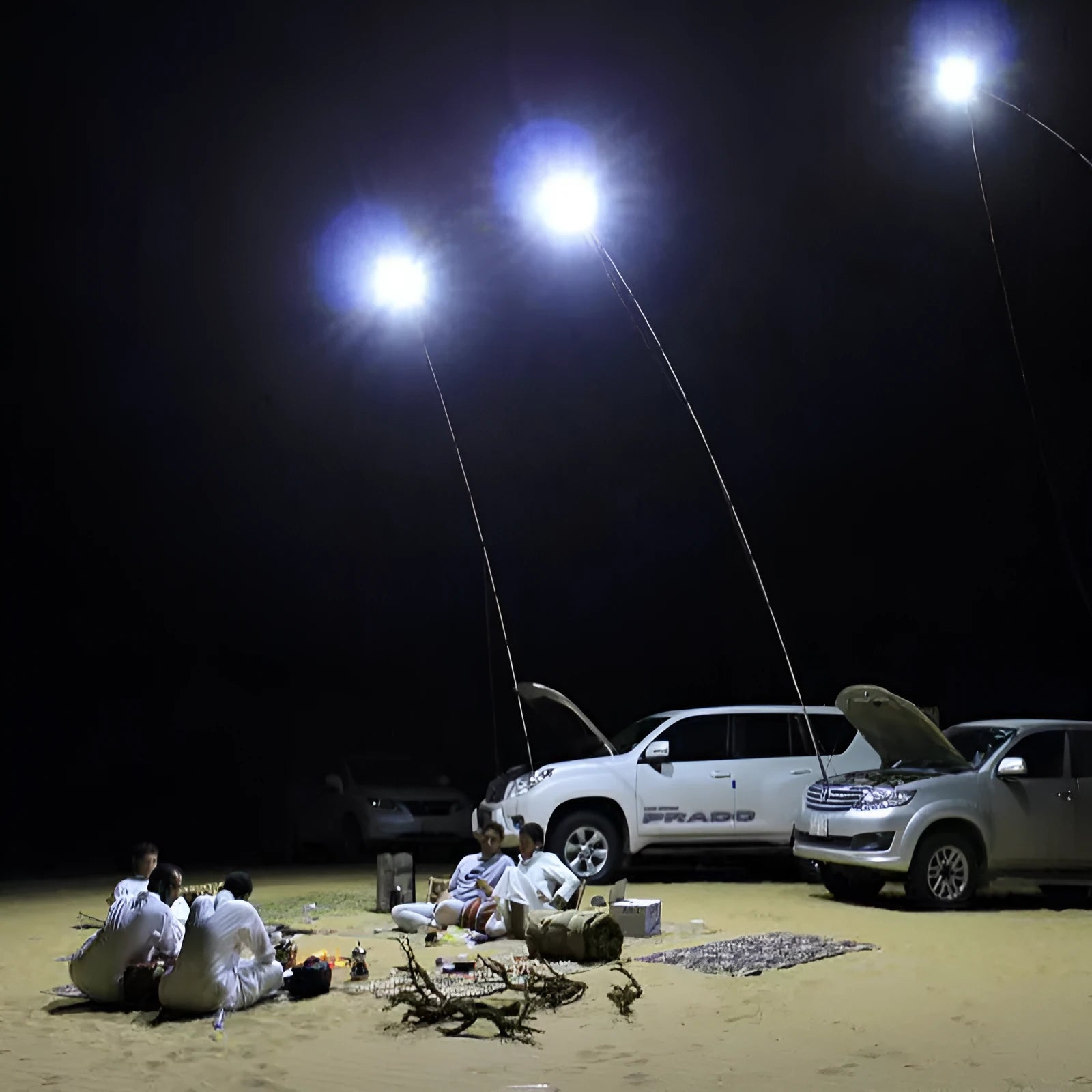 White LED fishing rod light unit mounted on a tall telescopic pole for outdoor portable lighting.