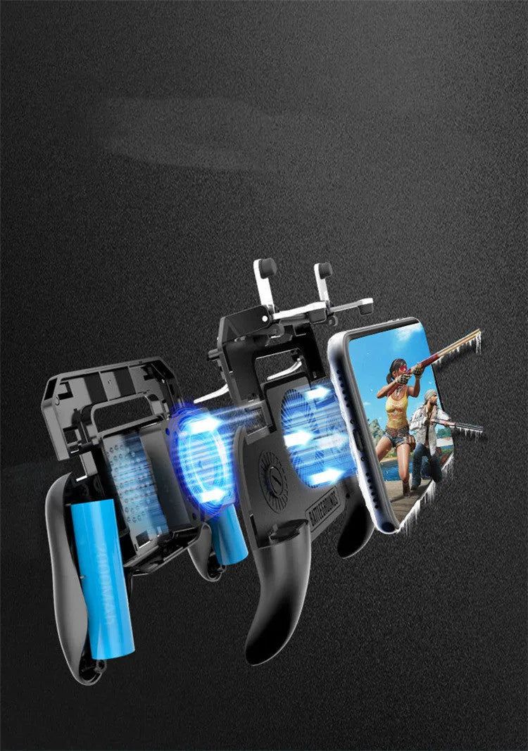 Black mobile game controller with aluminium alloy frame and USB cable for smartphones.