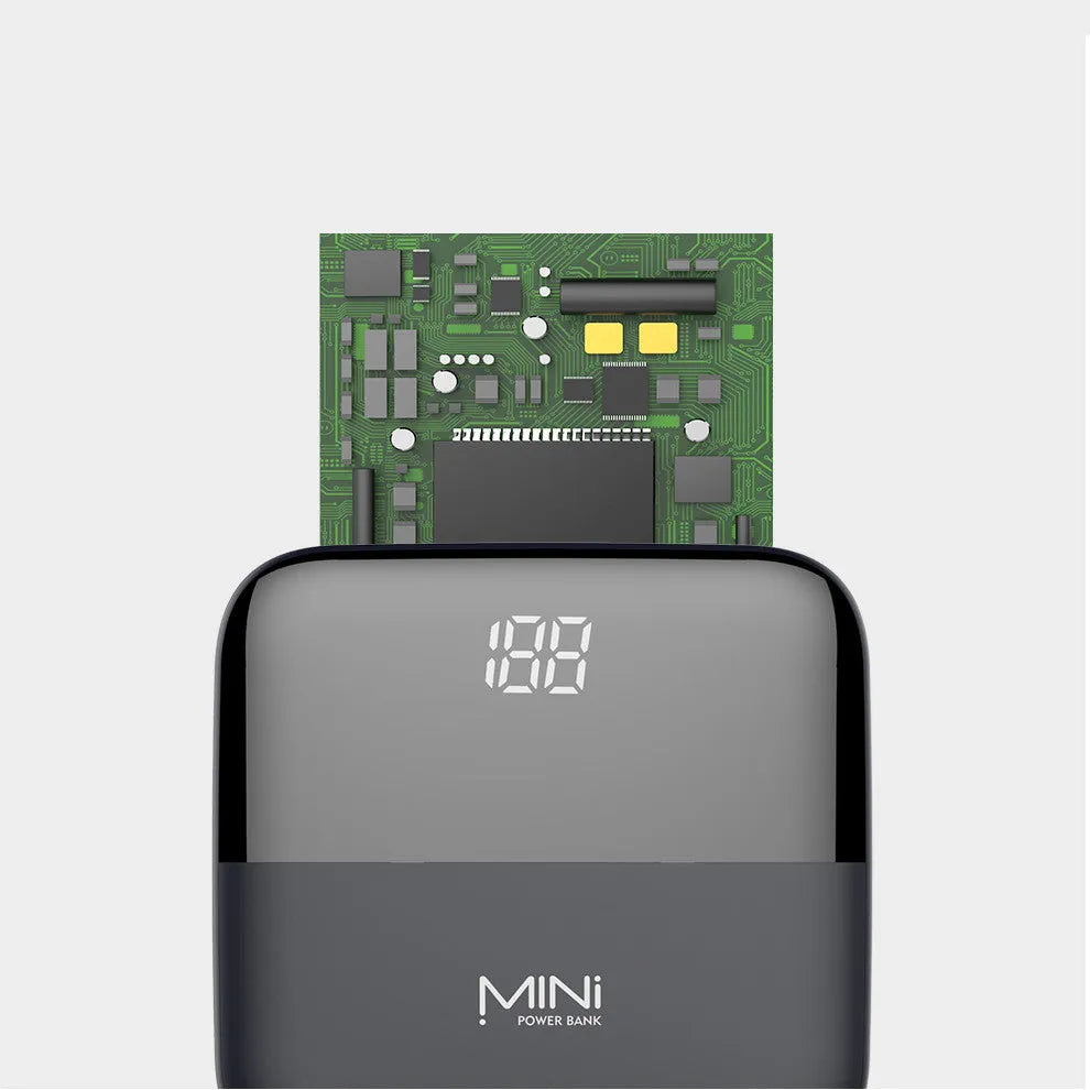 Black Android 10000mAh portable power bank with digital display showing battery percentage and dual USB ports.