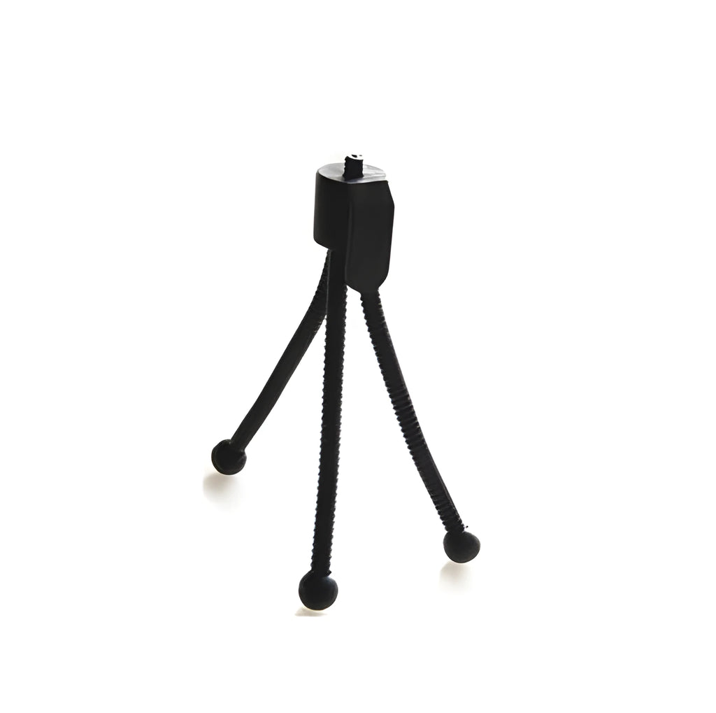 Small black iron frame mini tripod with telescopic legs extended, showing universal ball head mount.