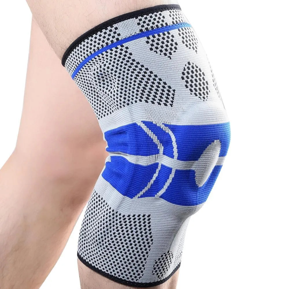 Sports knee pads in black, grey, orange, and purple made from spandex for running and cycling