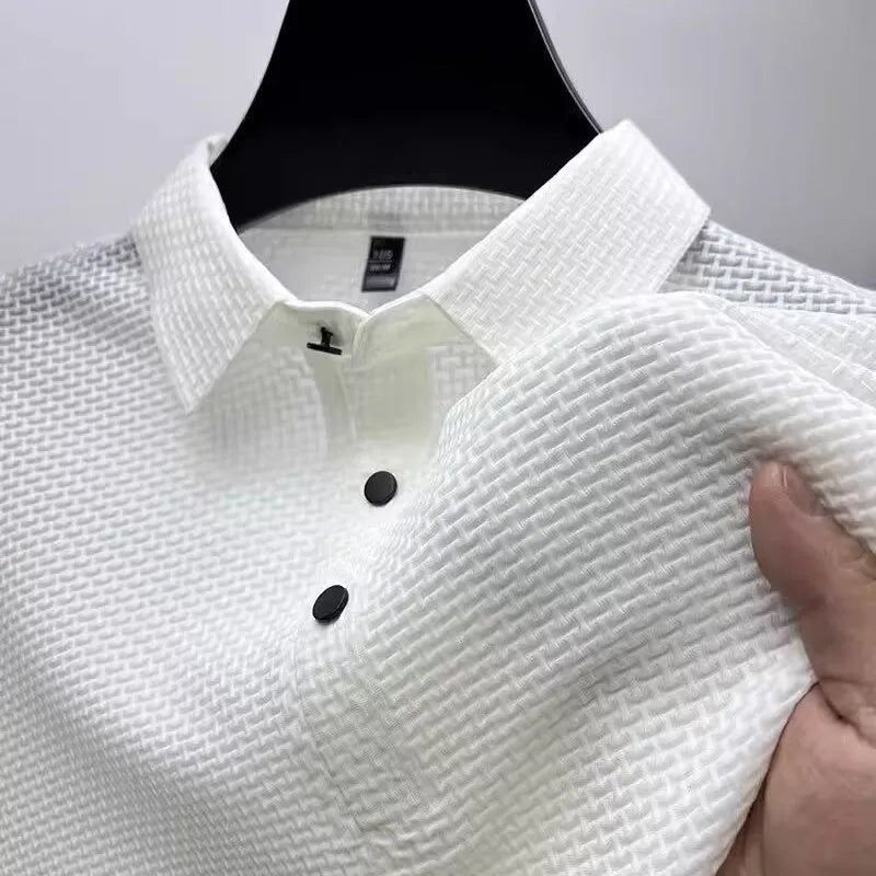 Men's business casual cotton blend short-sleeved lapel polo shirt in Khaki