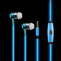 Blue LED light-up earphones with 3.5mm jack and in-line remote control on a white background.