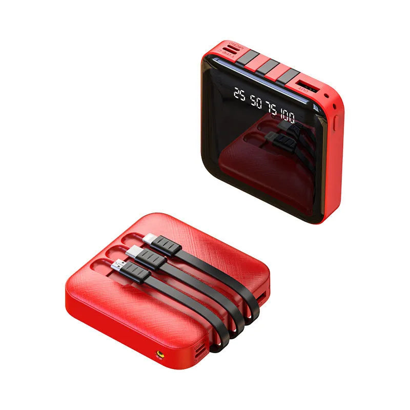 Black or red square power bank with built-in data cable, 20000mAh or 10000mAh capacity.