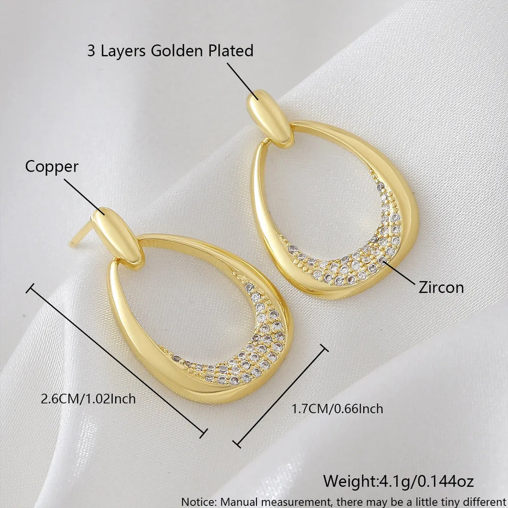 Yellow gold geometric drop earrings with zircon detailing, 2.6cm copper earrings with colour retention electroplating