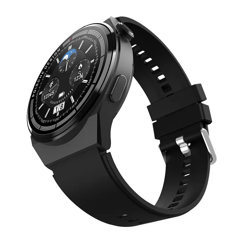 Black smartwatch with a 1.39-inch screen on a silicone strap, showing Bluetooth call and NFC payment functions.