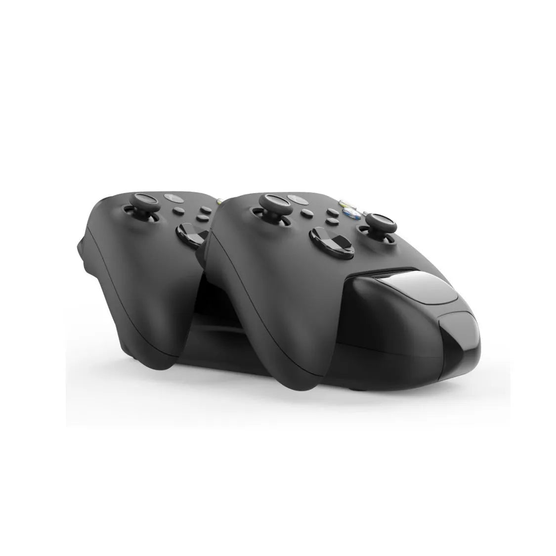 Black Xbox Series X/S dual controller charging station with LED lights and two battery packs on dock.