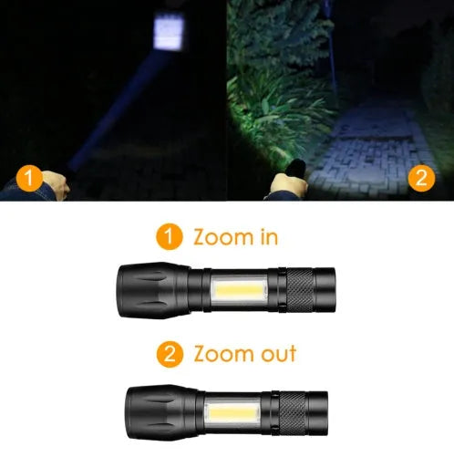 Black aluminium alloy telescopic LED torch with adjustable focus and clip