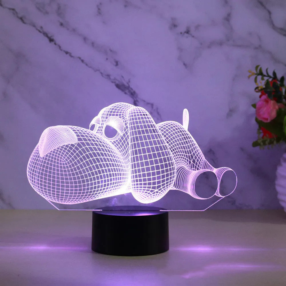 3D dog desktop lamp glowing in multiple colours with USB power cable