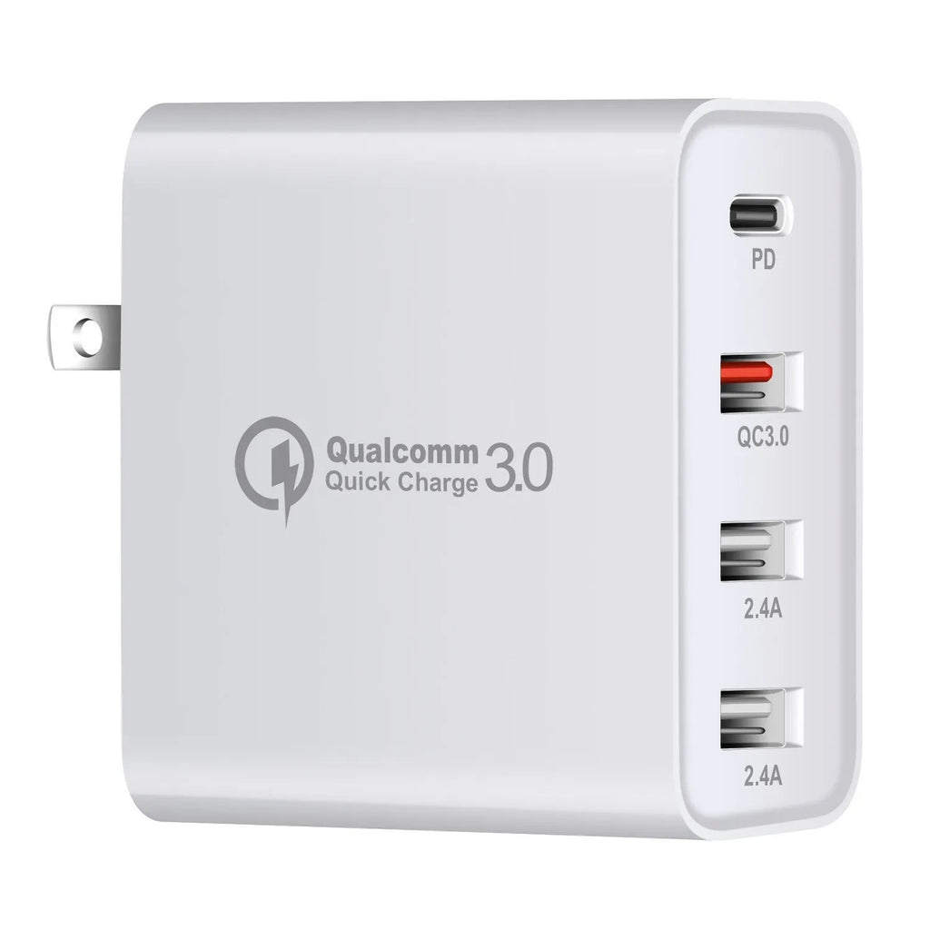 48W USB-C wall charger with four ports in black or white with international plug options