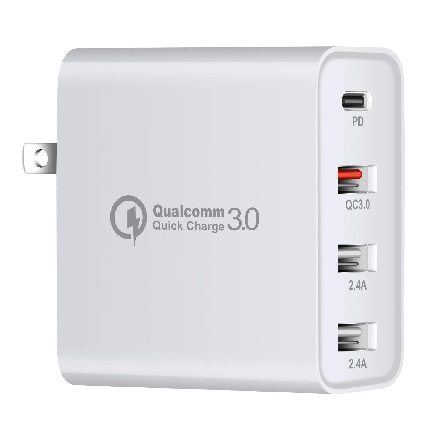 48W USB-C wall charger with four ports in black or white with international plug options