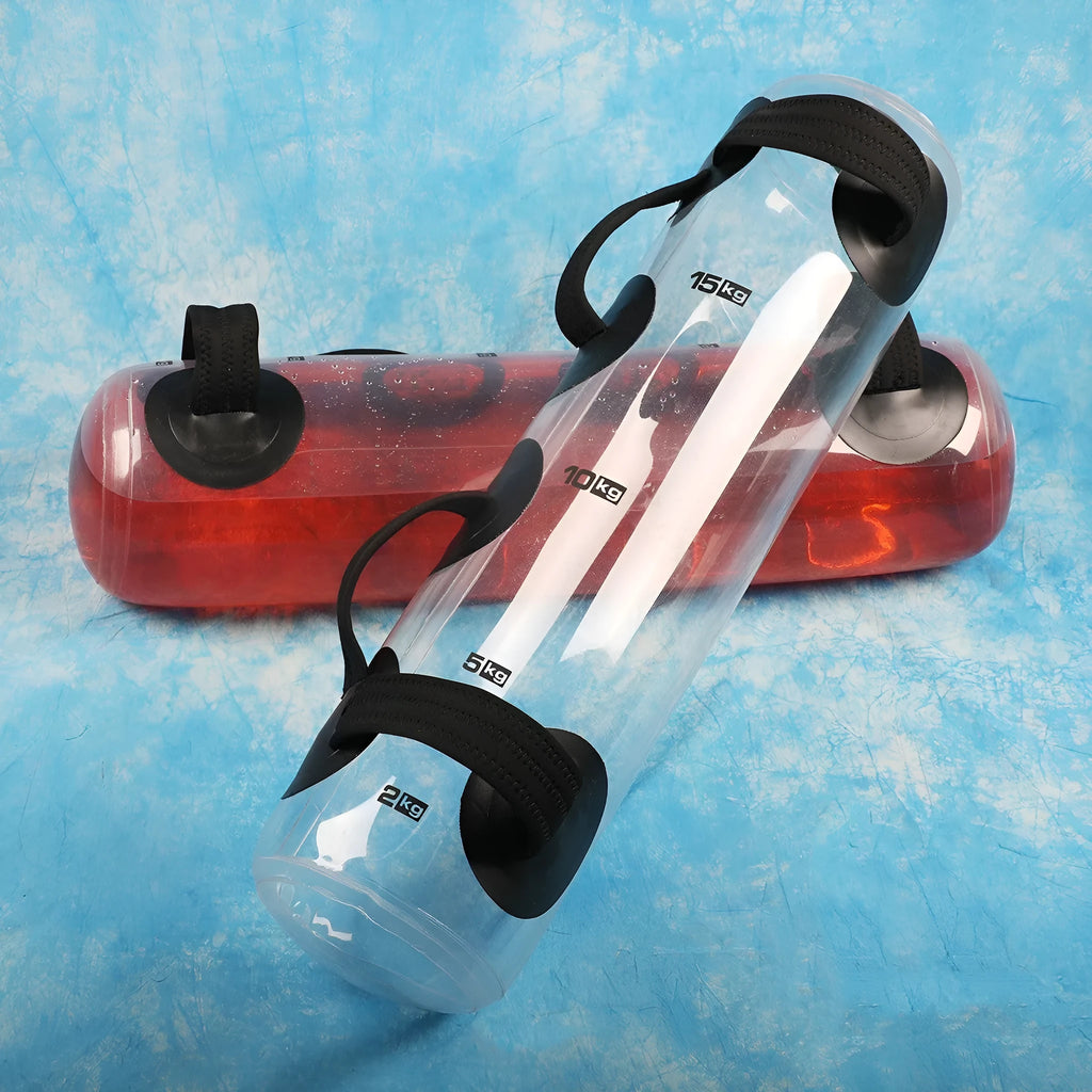 Transparent PVC inflatable water dumbbell bag for adjustable weight training.