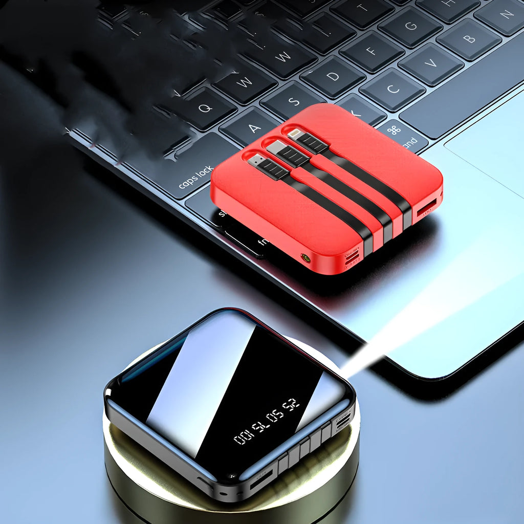 Black or red square power bank with built-in data cable, 20000mAh or 10000mAh capacity.