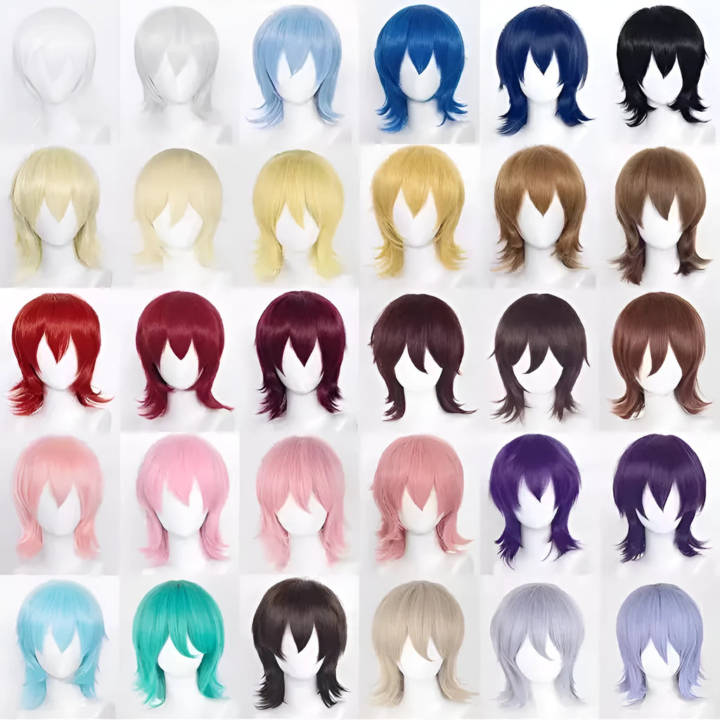Short cosplay wig with anti-curling hair tails in high-temperature fibre material