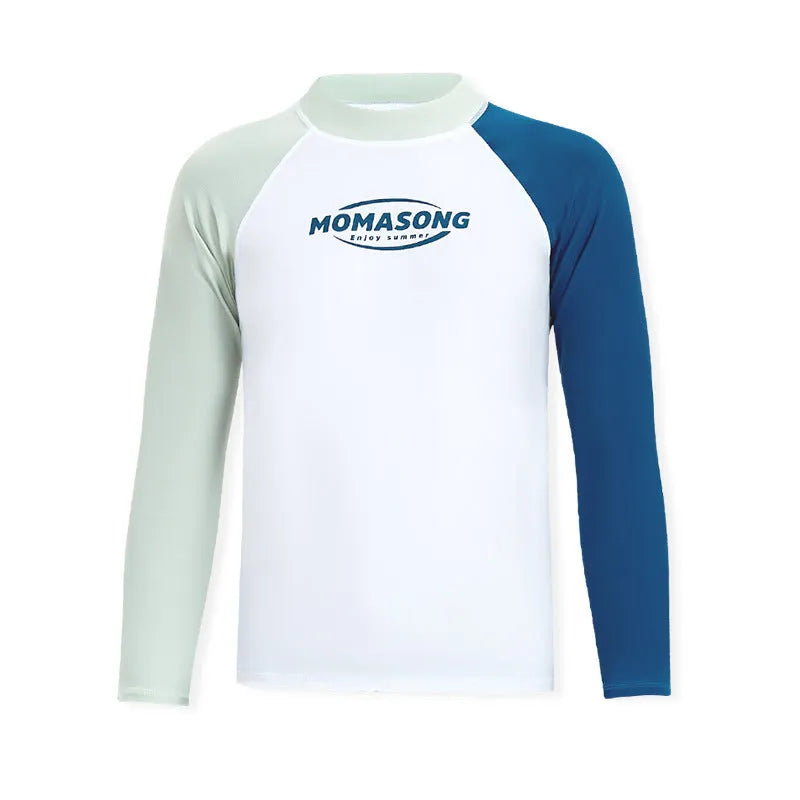 White long-sleeved swim top with matching double layer beach trunks for men