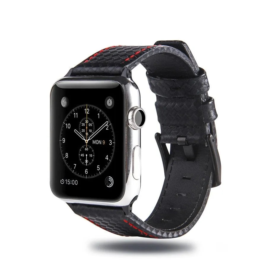 Carbon fibre pattern and leather iPhone watch strap in four colour options with two size ranges