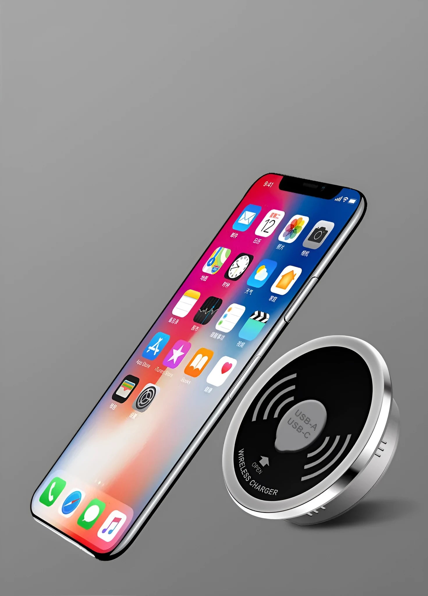 Black desktop embedded Qi wireless charger showing flush installation on a desk surface requiring 60mm hole