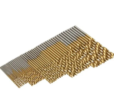 Set of 50 titanium-coated high-speed steel twist drill bits for power tools.
