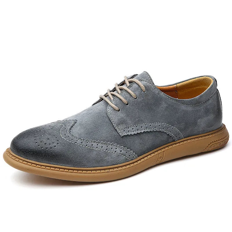 Men's black low-top leather lace-up business shoes with stitching detail on a white background.