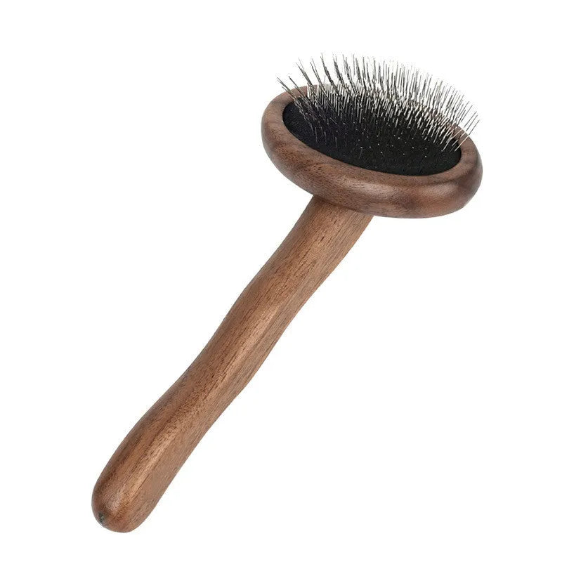 Wooden pet grooming set with comb, rake comb, and nail clippers in storage bucket