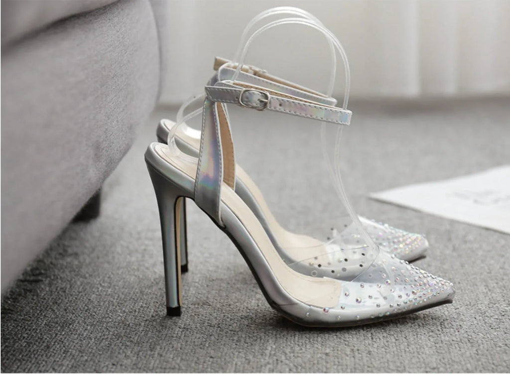 Women's pointed toe sandals with stiletto heels and diamond detail in glossy PVC material