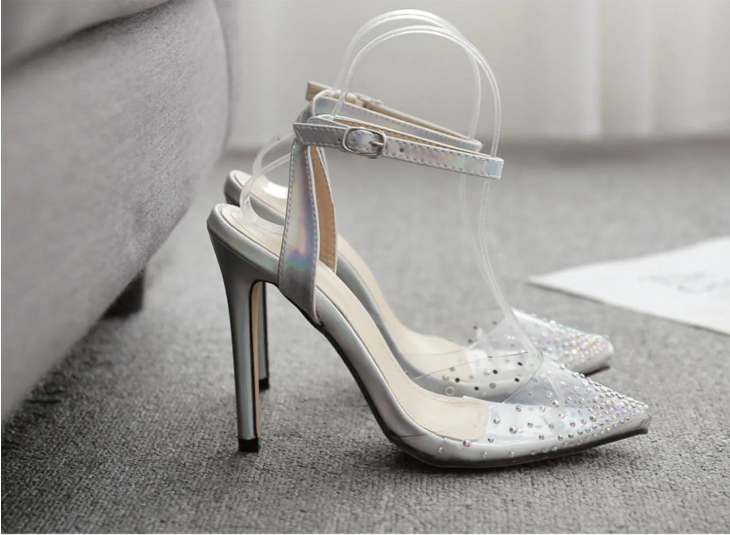 Women's pointed toe sandals with stiletto heels and diamond detail in glossy PVC material