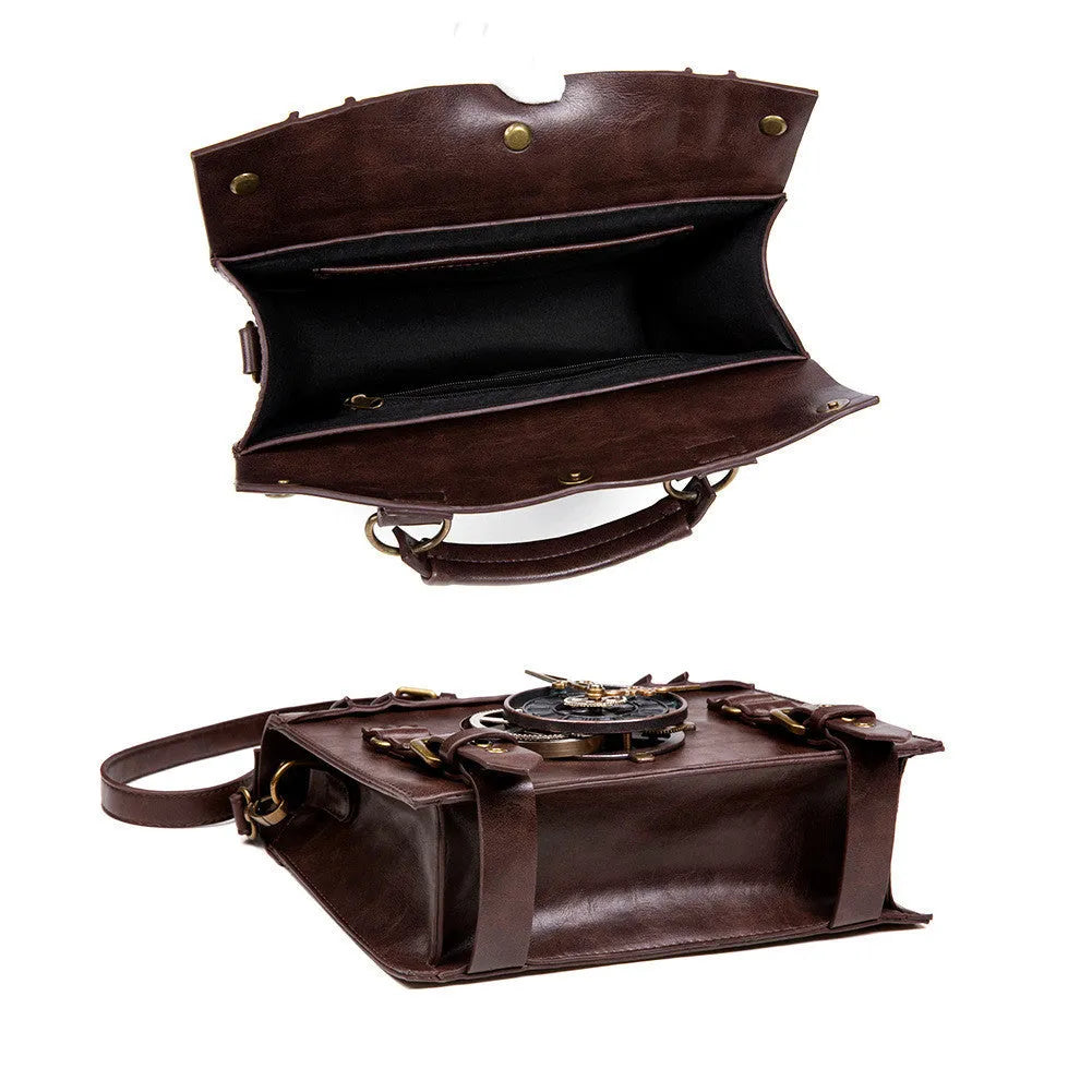 Bronze steampunk industrial retro shoulder bag with metal hardware and square pillow shape