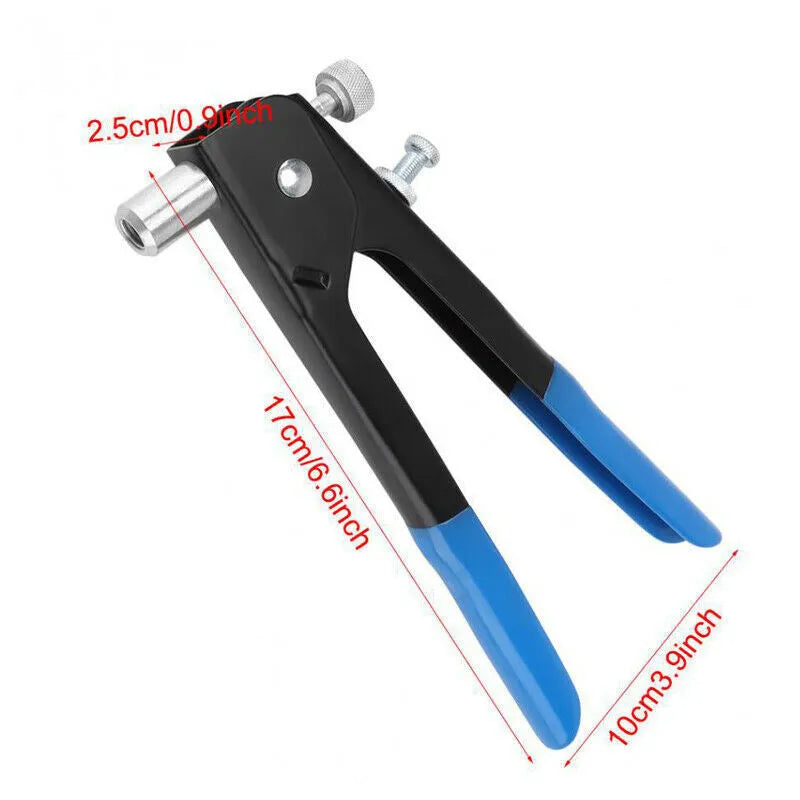 Alloy steel manual riveter nut gun tool with a selection of rivet nuts and mandrels from the set.