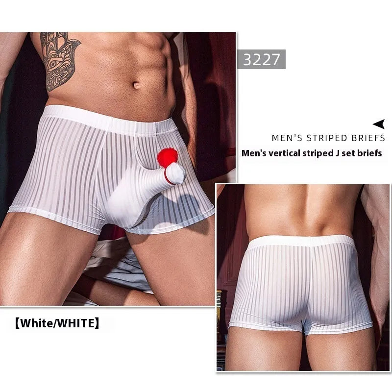 Men's black stripe boxer briefs with vertical pattern and elastic waistband
