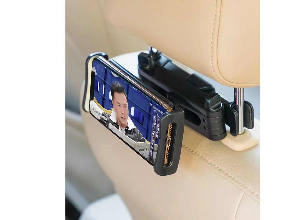 Black universal car phone and tablet holder with adjustable arm mounted on a rear seat base.