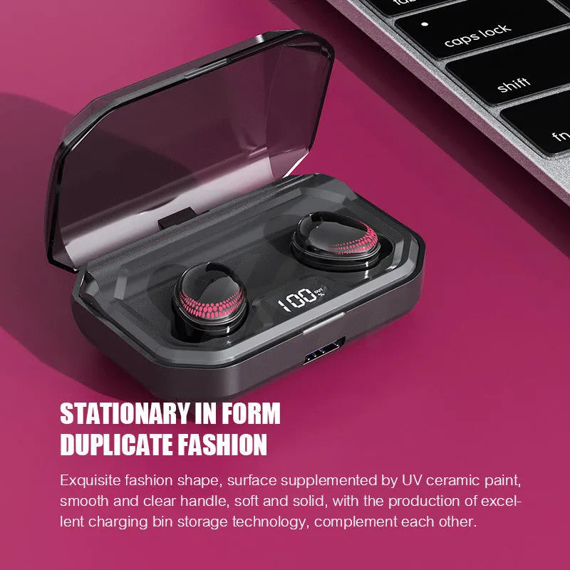Black X10 Bluetooth headset with charging case showing dimensions and battery specifications