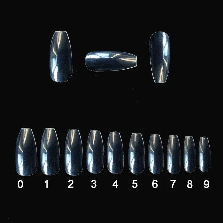 500 clear ABS false nail tips in 10 different sizes on a white background