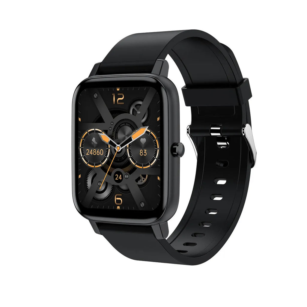 H80 black sports smart watch with 1.69-inch touchscreen on a silicone strap, displaying heart rate data.