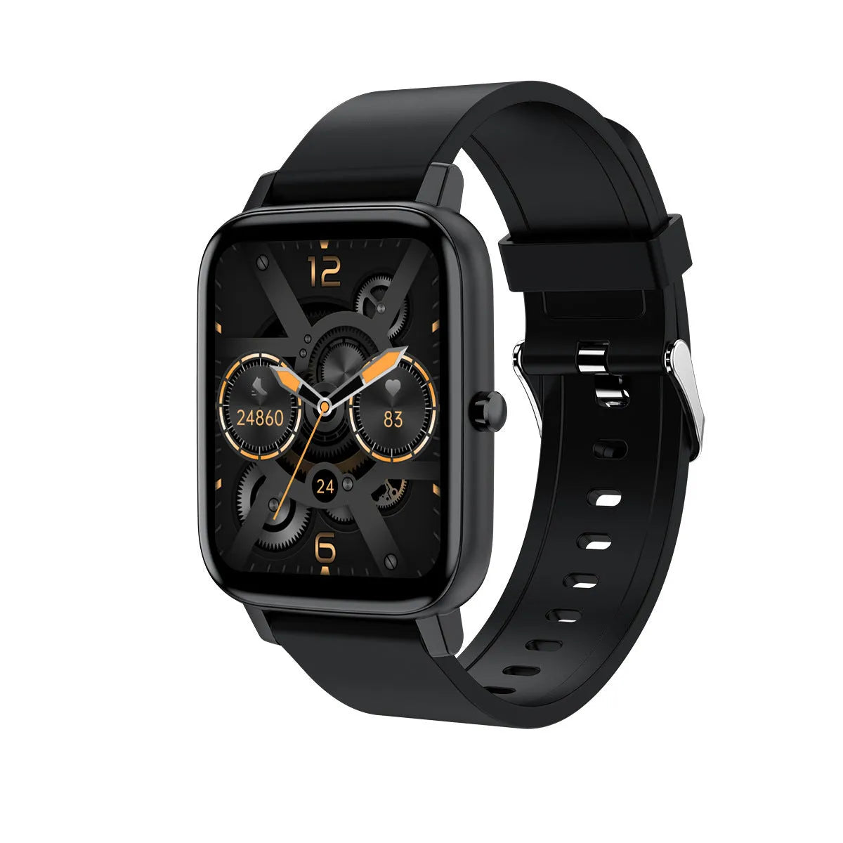 H80 black sports smart watch with 1.69-inch touchscreen on a silicone strap, displaying heart rate data.