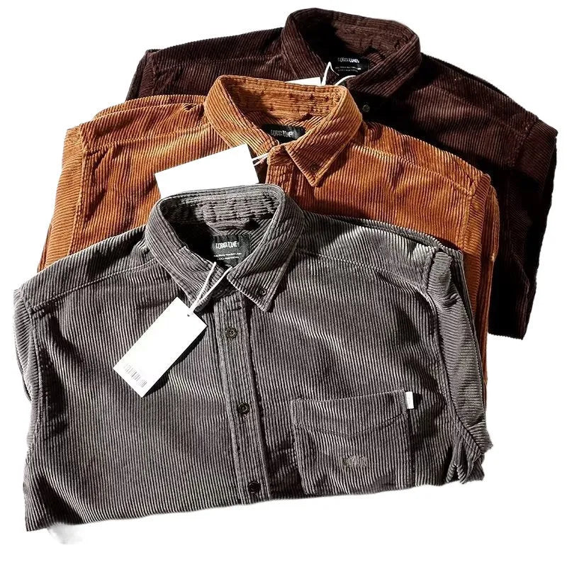 Men's loose fit corduroy cardigan shirt in caramel colour with long sleeves and casual styling