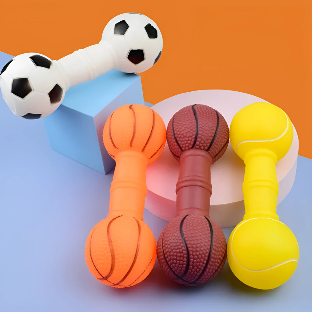 Brown orange white yellow football-dumbbell shaped dog chew toy with squeaky mechanism