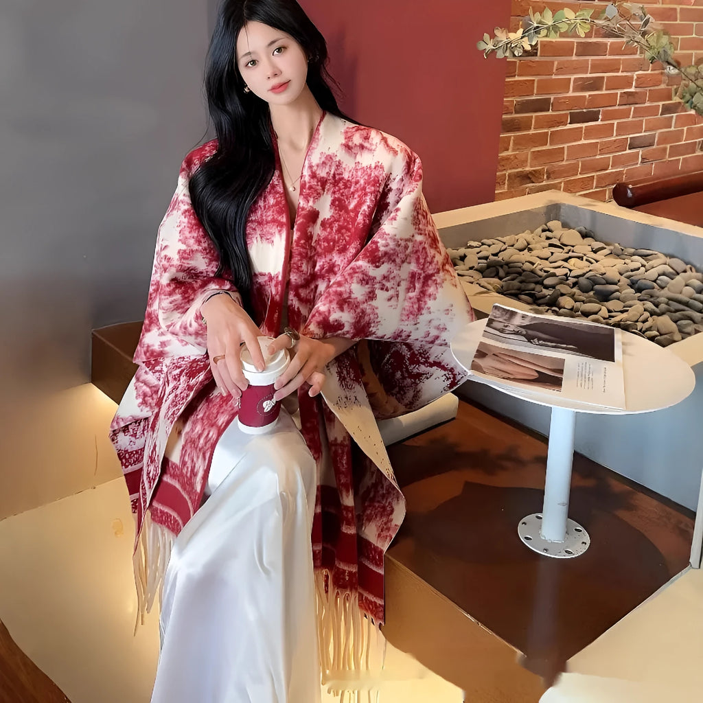 Women's free size tassel scarf cape in polyester available in multiple picture colour options